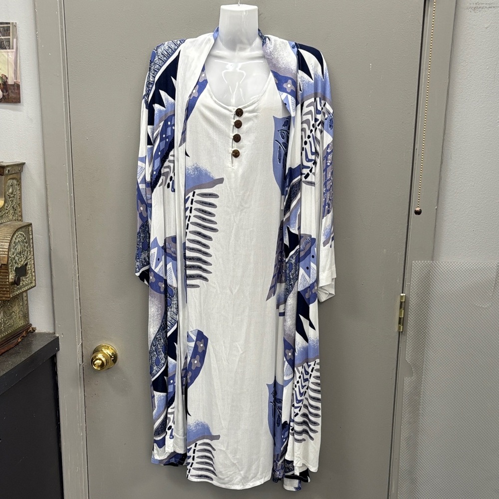 Blue and White Patterned Kimono with White Dress
